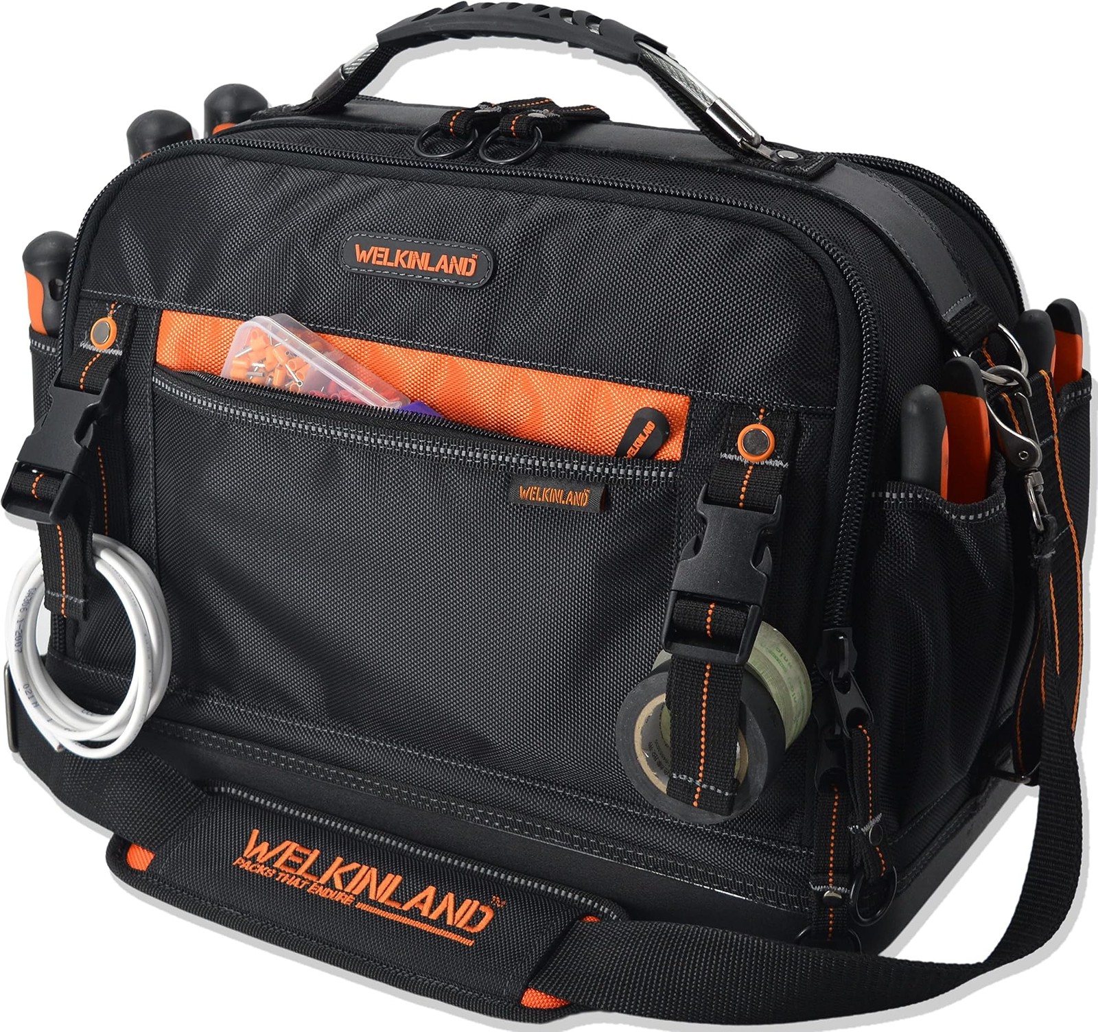WELKINLAND 42-Pocket Tool Organizer, 16- Inch Hard Bottom Tool Bag | Heavy-Du…