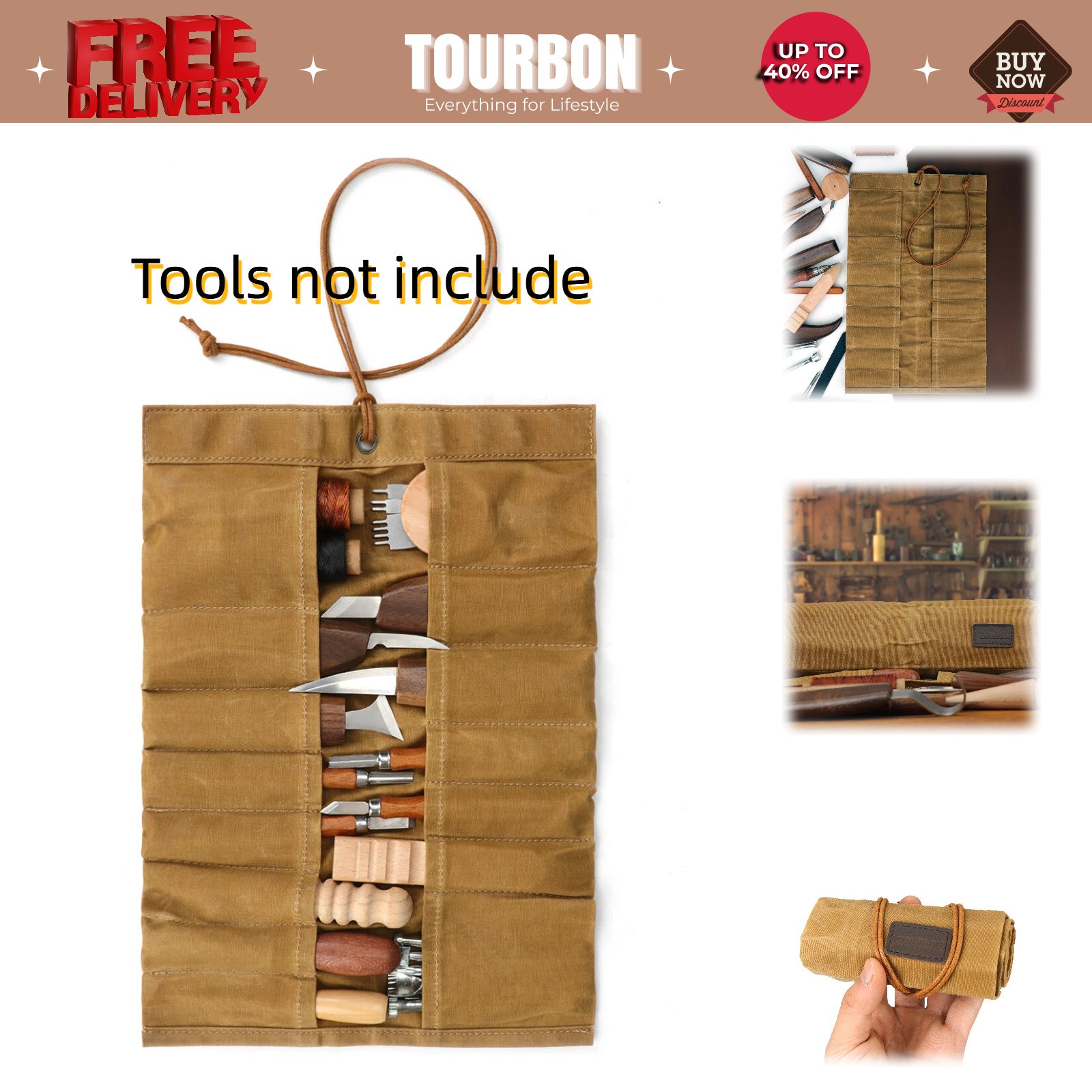 Tourbon Canvas Tool Roll Up Organizer Carving Knife Holder 15 Handy Pouch Pocket