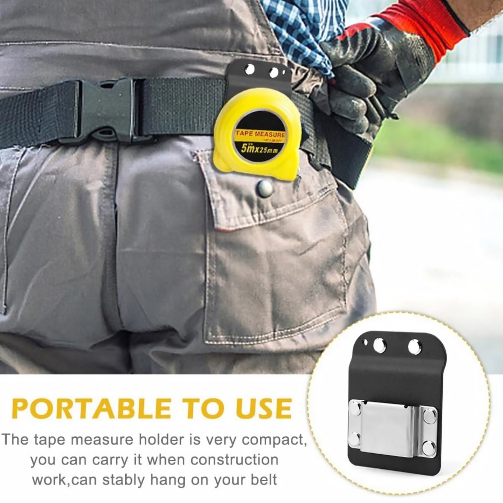 Metal Clip On Tape Measure Holder For Tool Belt Black Nylon Low Profile Holster
