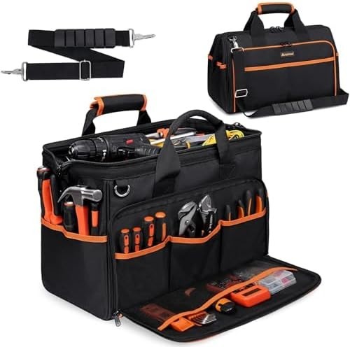 Heavy Duty Tool Bag 17in 26 Pockets Waterproof Organizer Electrician HVAC Black