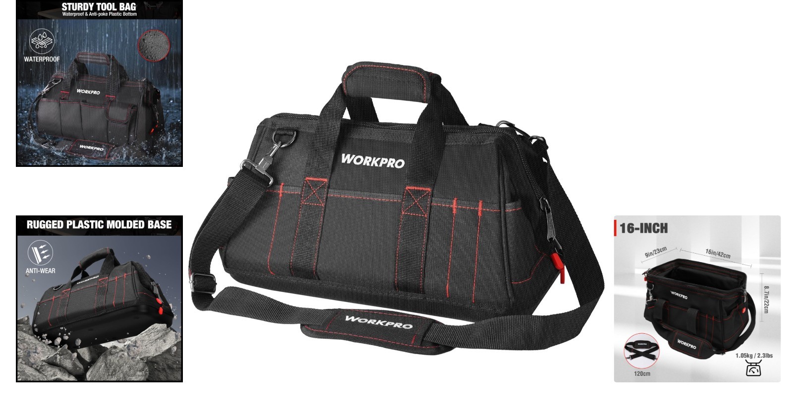 16-Inch Tool Bag with Waterproof Bottom & Adjustable Shoulder Strap