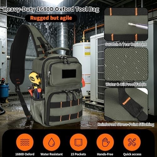 Tactical Electrician & HVAC Tool Chest Bag with 3-Point Harness, 15-Pocket 1680D