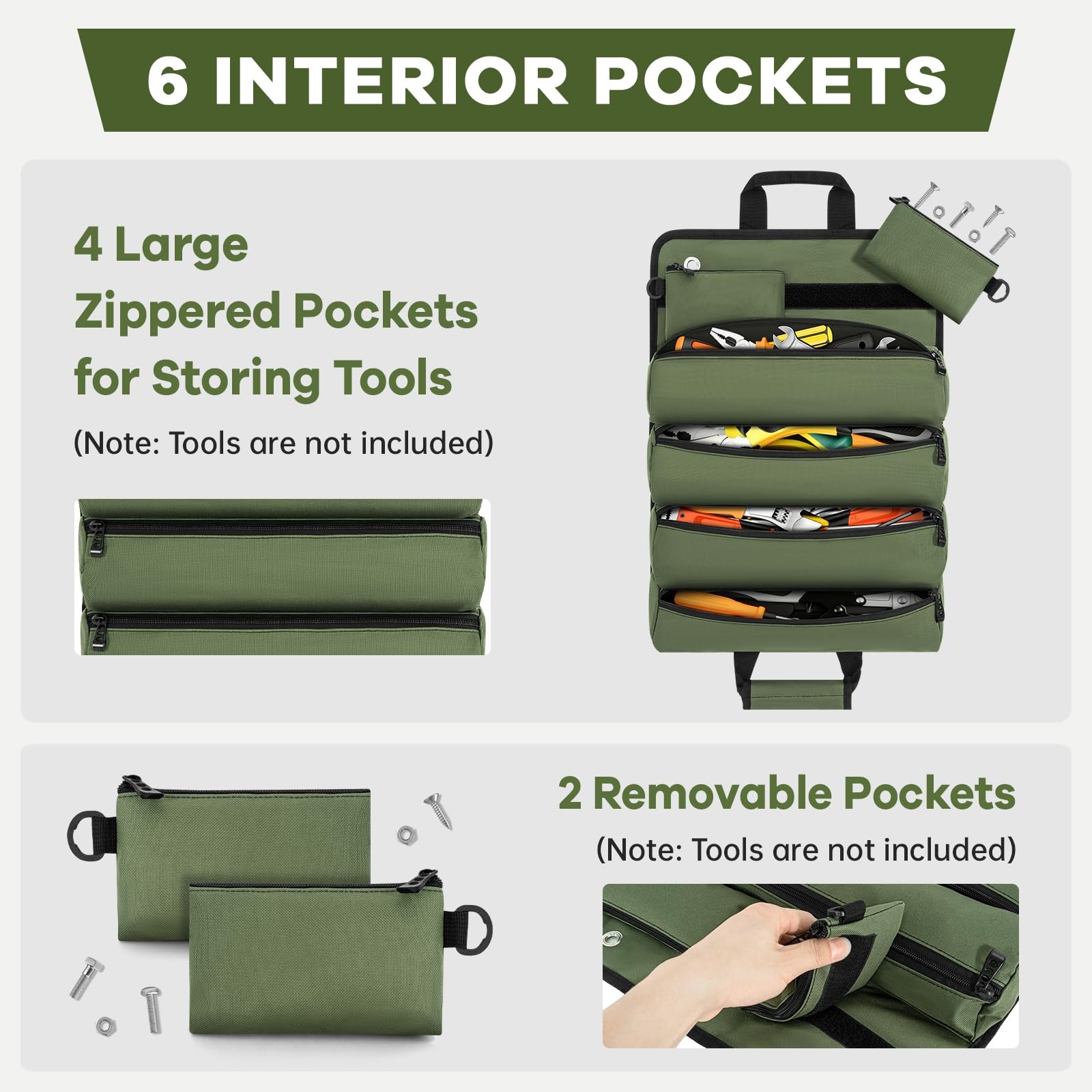 Green Regular Roll Up Tool Bag Organizer Heavy Duty 2 Detachable Pouches