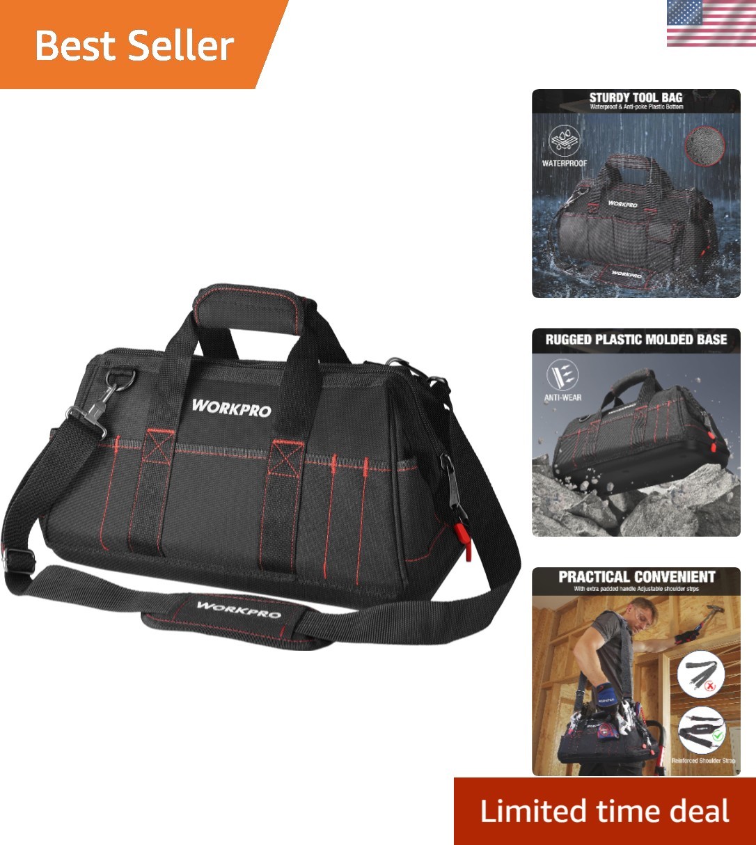 Versatile 16-Inch Tool Storage Bag with Waterproof Rubber Base & Easy Access