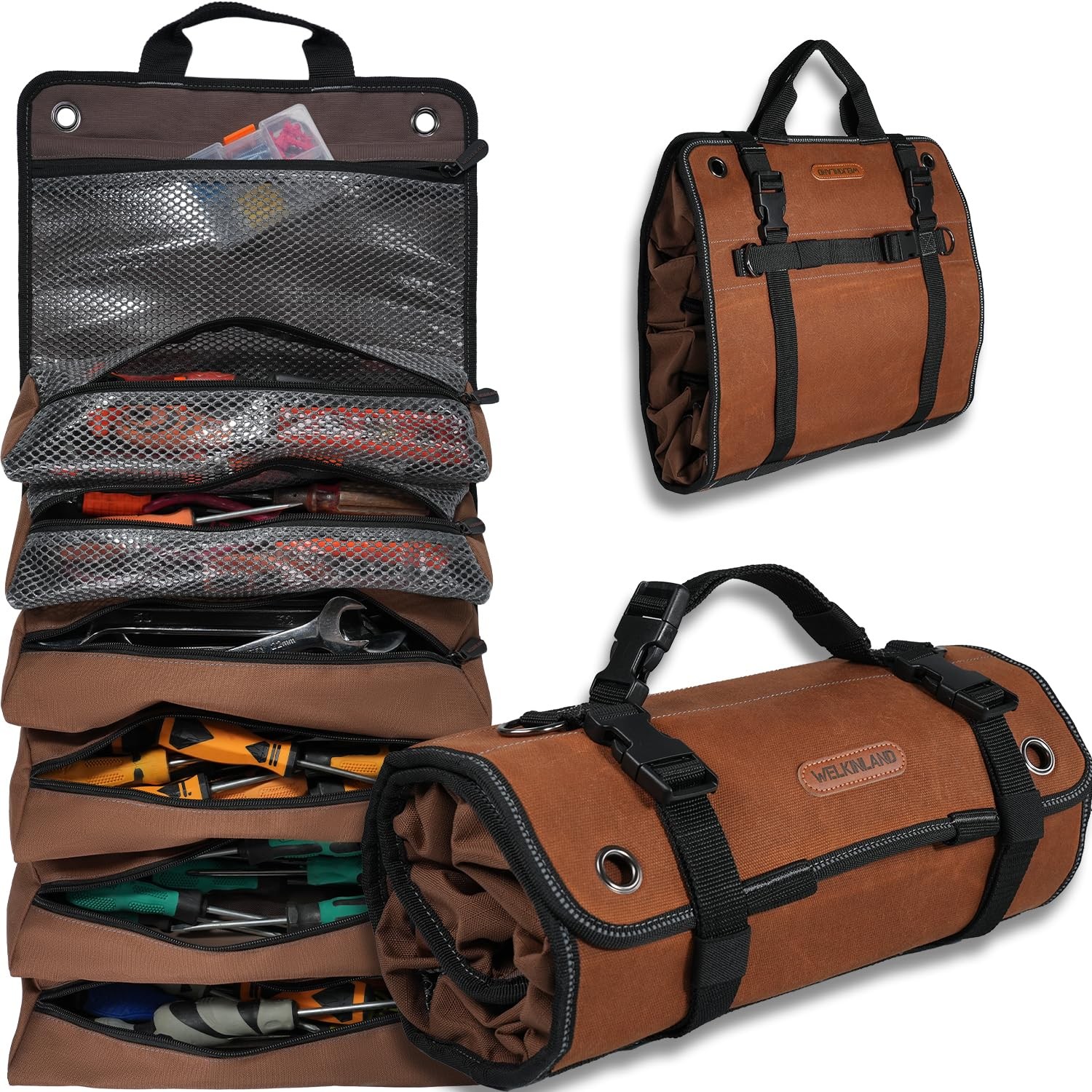 WELKINLAND Heavy-Duty Waxed Canvas Tool Roll, 7-Pockets Large, Brown