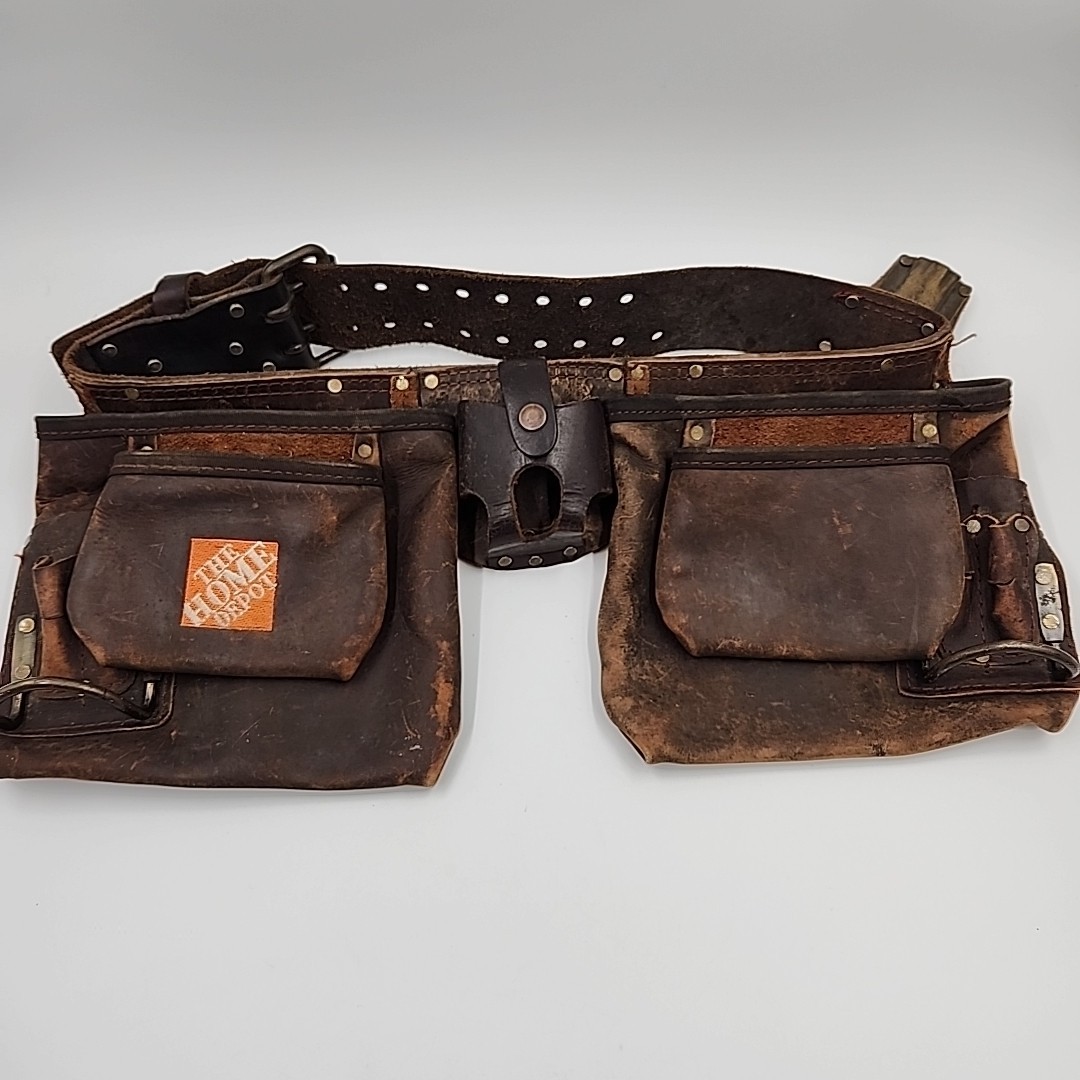 Vintage Leather Tool Belt HEAVY DUTY Home Depot Multi Pocket Carpenters Pouches