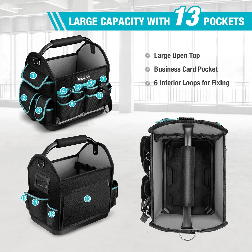 DURATECH 12 Inch Tool Tote Electrician Tool Bag with Rotating Handle Waterproof