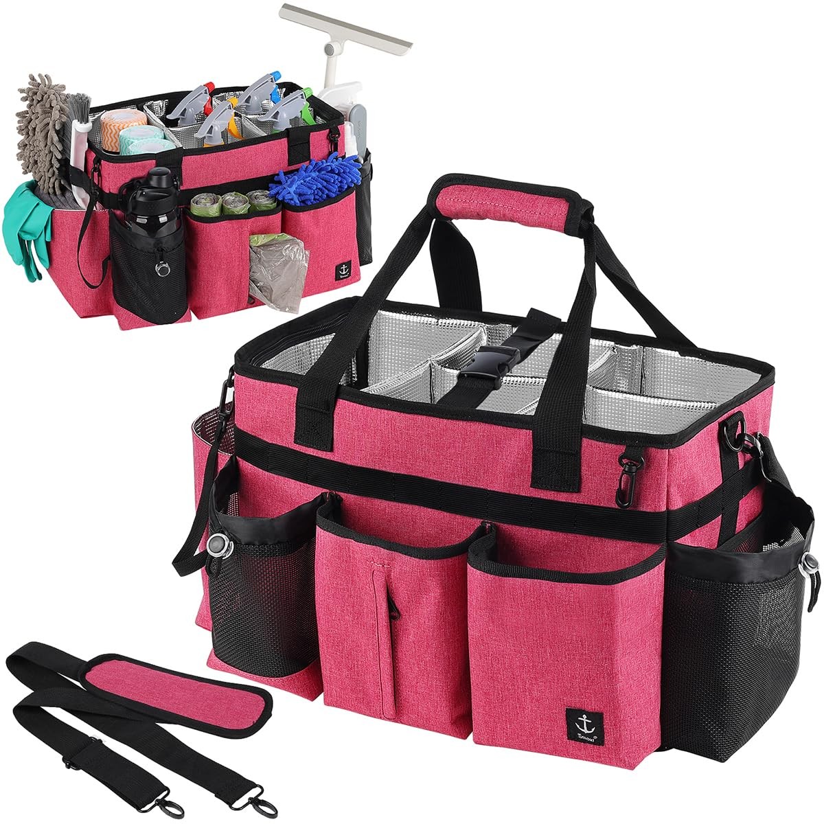 Timoxi Large Cleaning Caddy Bag Built-in Sturdy Support Board, Rose Red