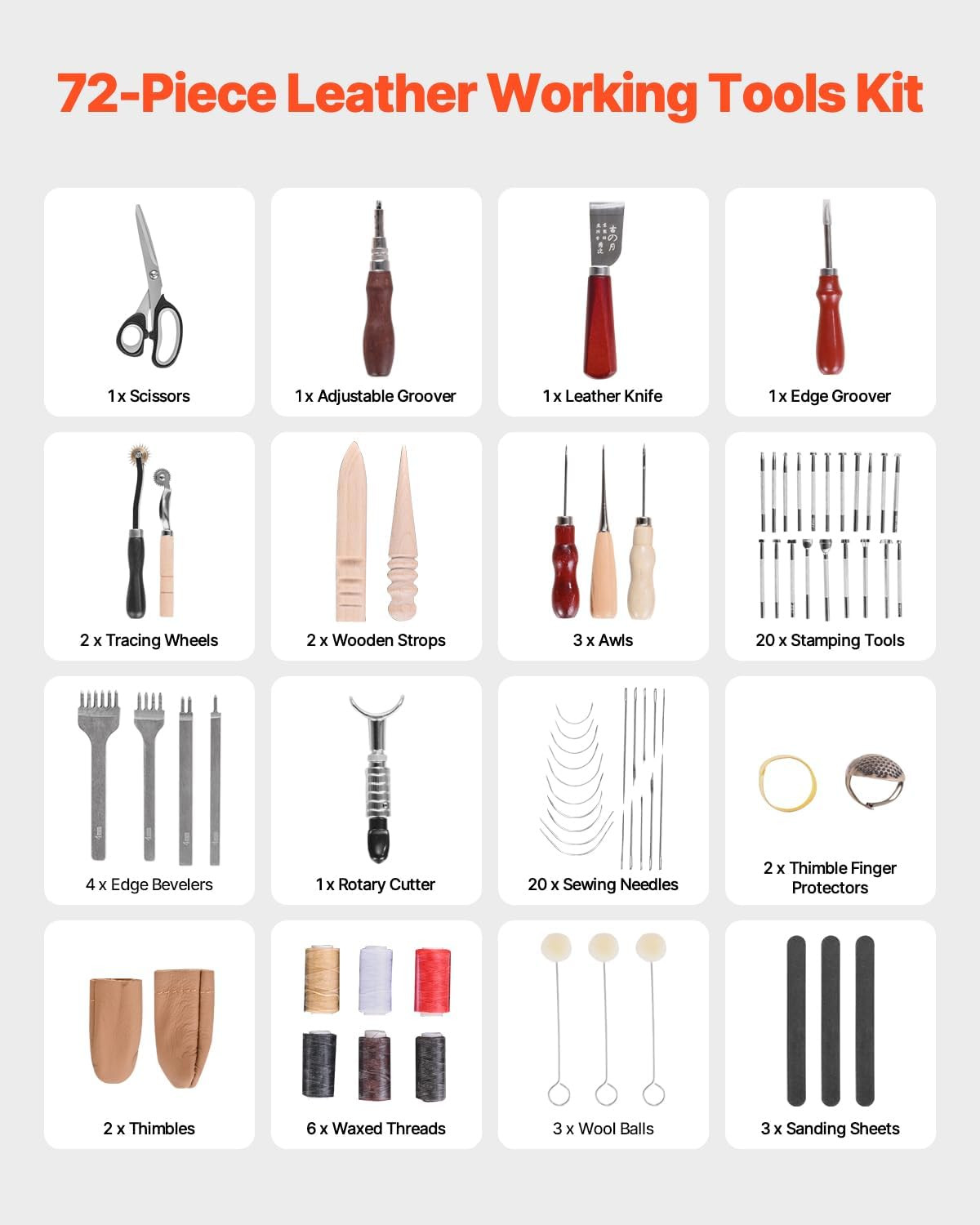 Leather Working Tools Kit, 72 PCS with Portable Leather Storage Bag, Engraving P