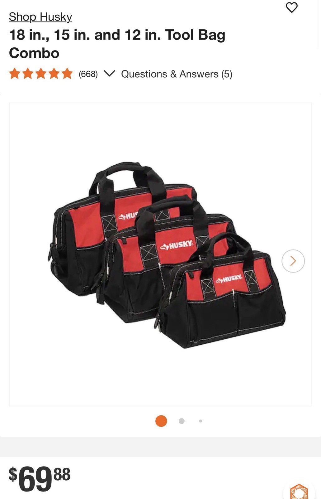 Husky 3-Piece Tool Bag Set 18/15/12 in Polyester Black/Red w/ Handle