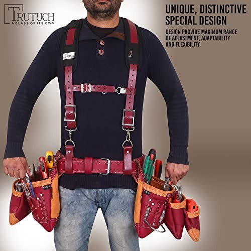Leather Work Suspenders With Pockets | Fully-Adjustable Padded Leather Maroon