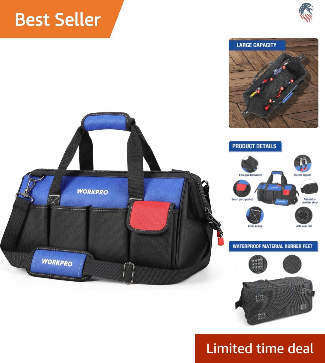 18-Inch Canvas Tool Bag with Adjustable Shoulder Strap Multiple Compartments