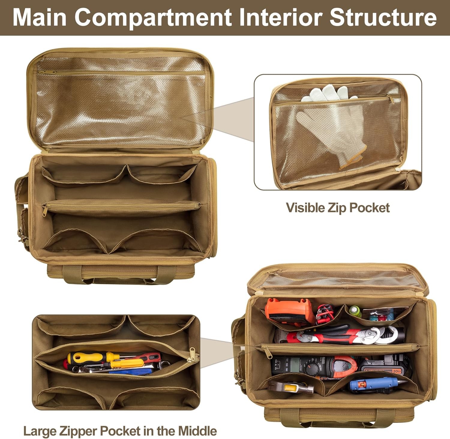 Tool Bag 14″ Hand Tool Organizer Tactical Range Bag Work Tote Repair Jobs Khaki