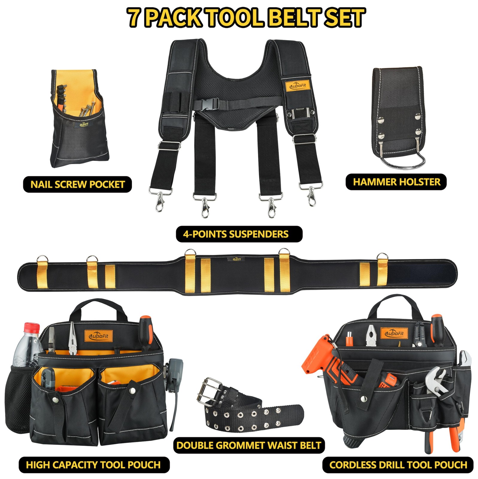 Comfortable Tough Thick 7-Piece Tool Belt with Suspenders 32 Pockets and Loops,1