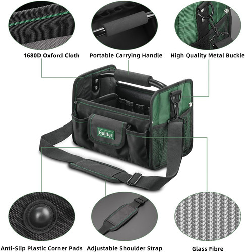 Guliter 11 Inch Small Tool Bag, Open Top Tote with Small, ‎Black&Green