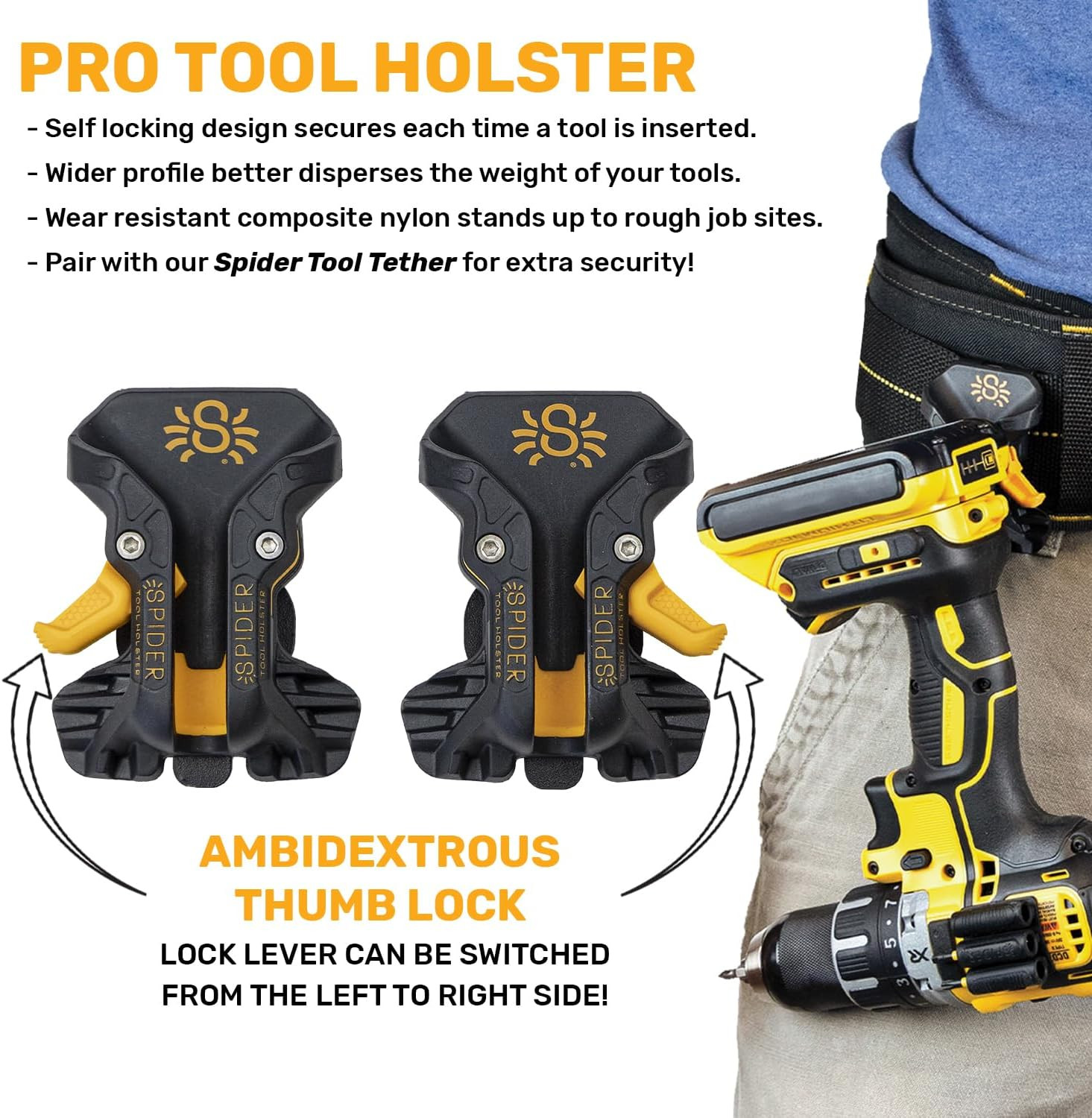 Pro Tool Holster Set with Tether, Grip, Pin & Adhesive Tab – Belt Mounted System