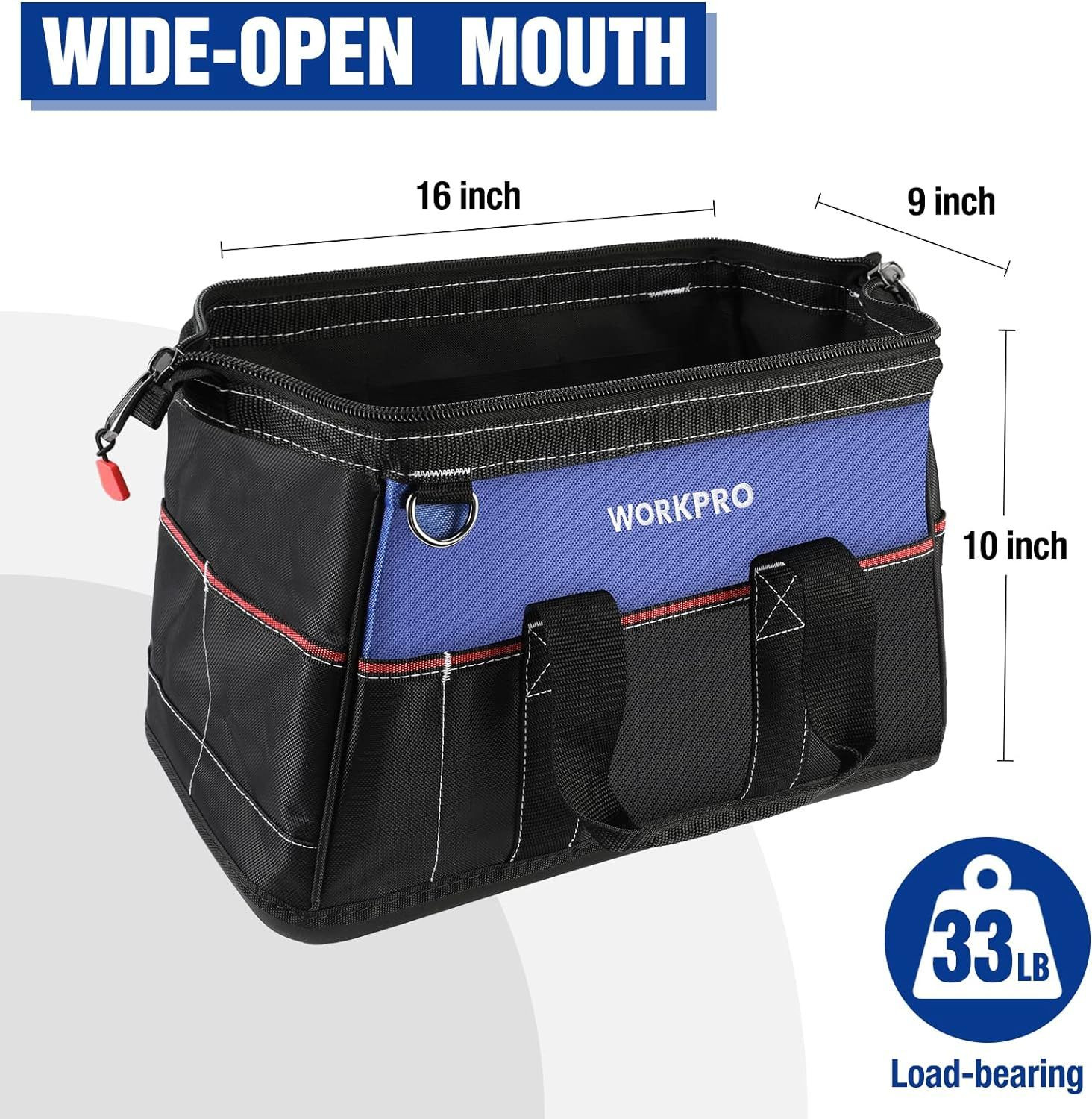 WORKPRO 16-inch Wide Mouth Tool Bag, Heavy Duty Cloth Black, Blue, Red