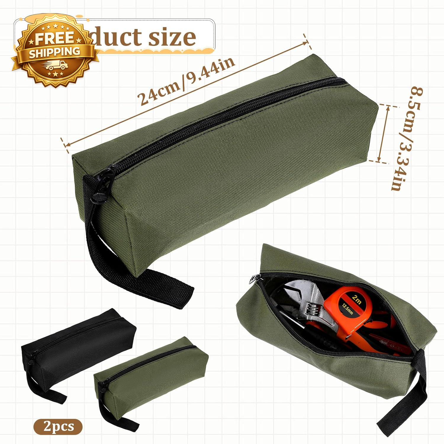 2 Pack Canvas Tool Pouch with Zipper Tool Pouch Bag Multi-Purpose Small Zipper