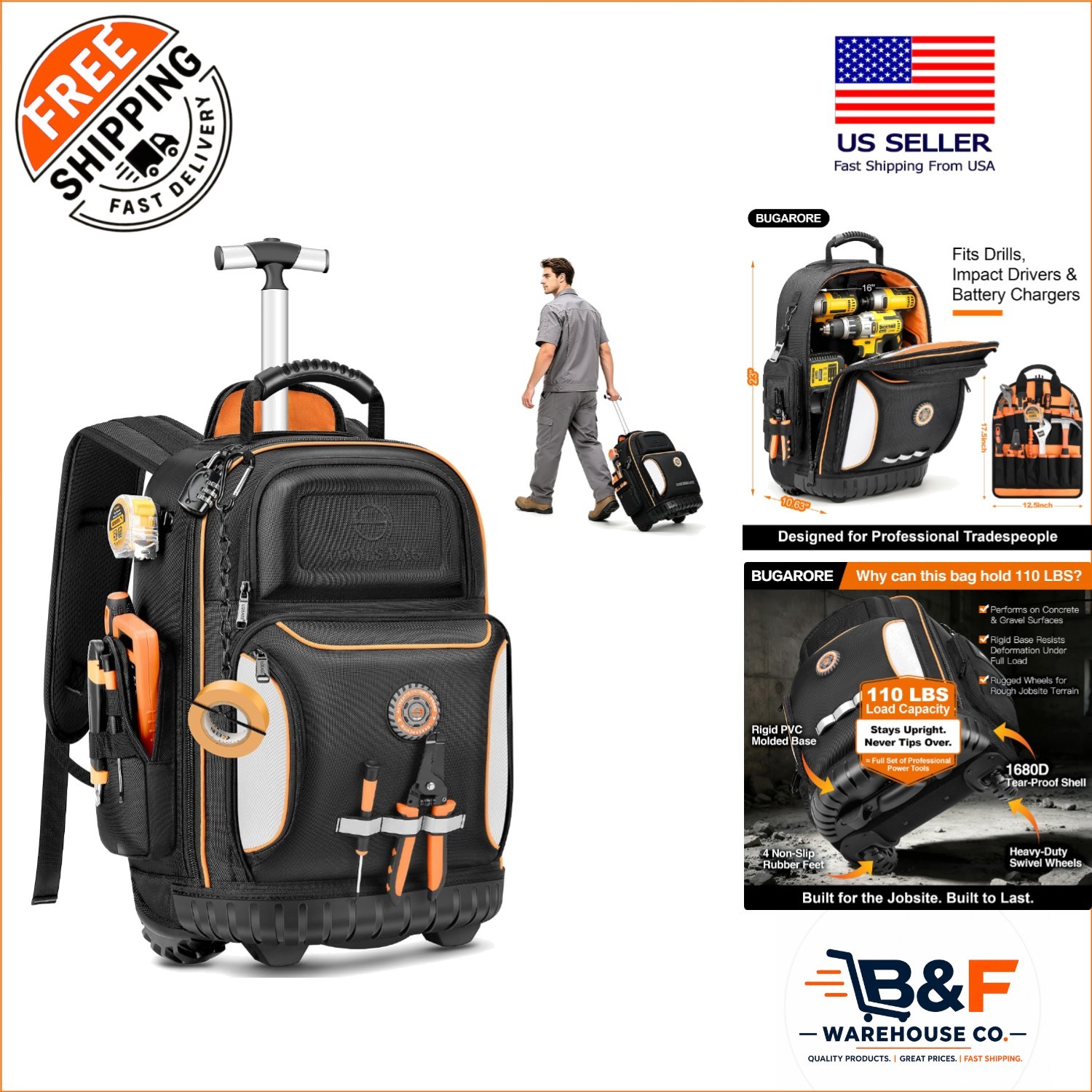 75 Pocket 16″ Waterproof Tool Backpack with Combination Lock for Professionals