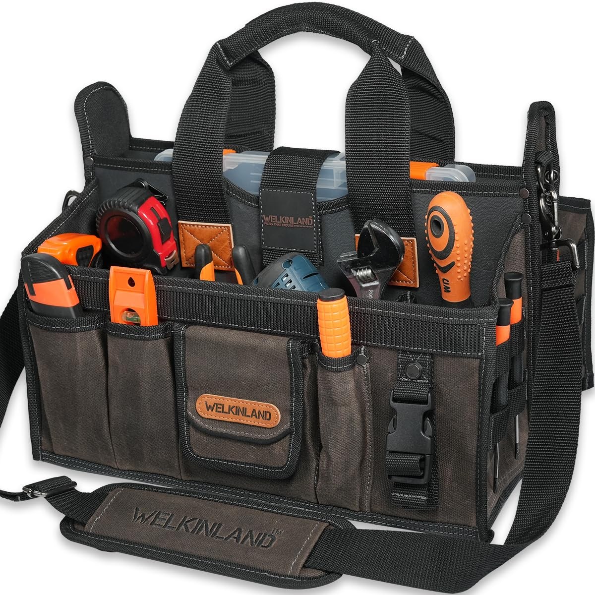 WELKINLAND 20Pockets Electrician Tool Tote, 16″Wide Open Top Tool Tote, Waxed…