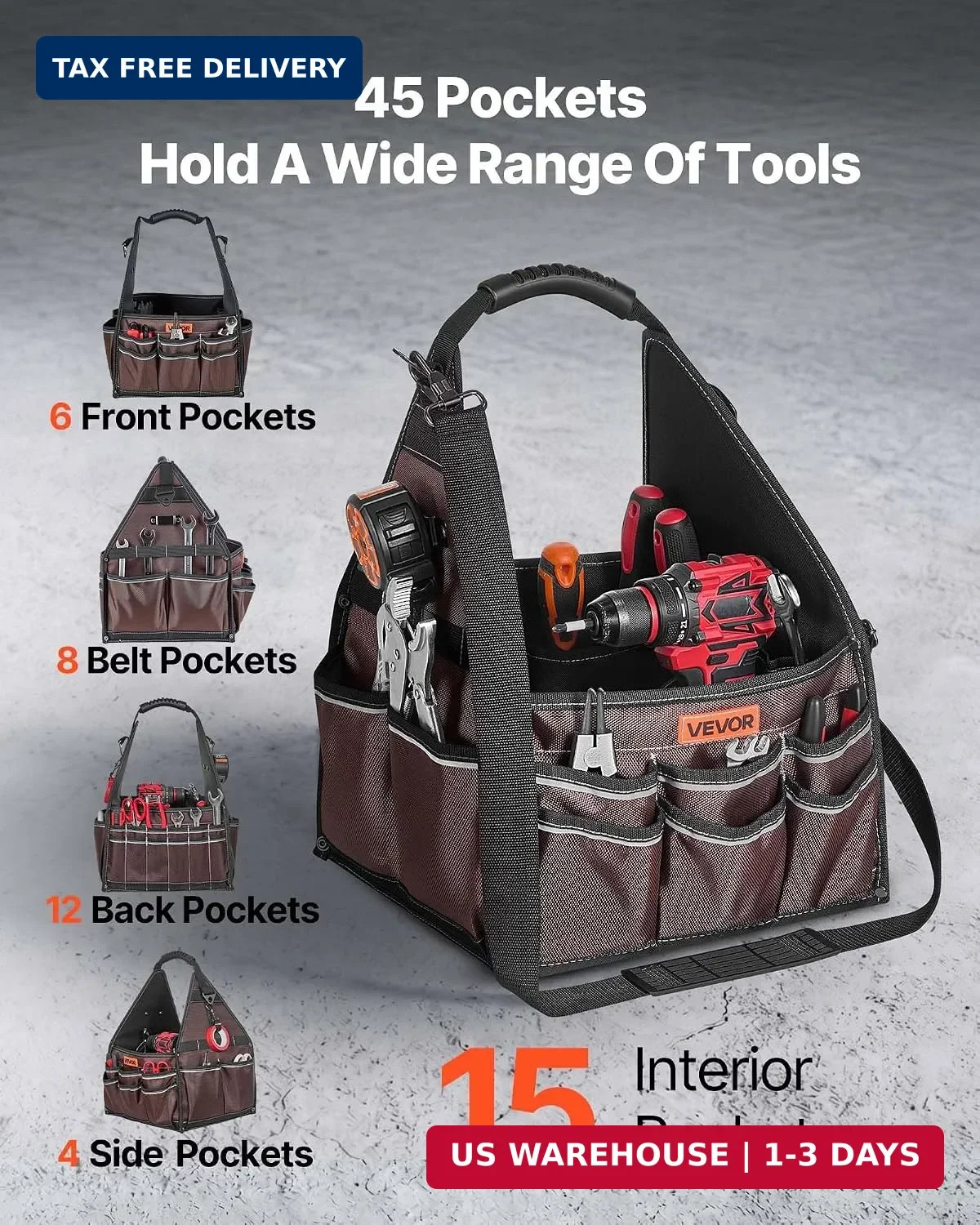 VEVOR Tool Bag, 13 Inch, 45-Pocket Open Top Tool Tote, Electrical Maintenance To