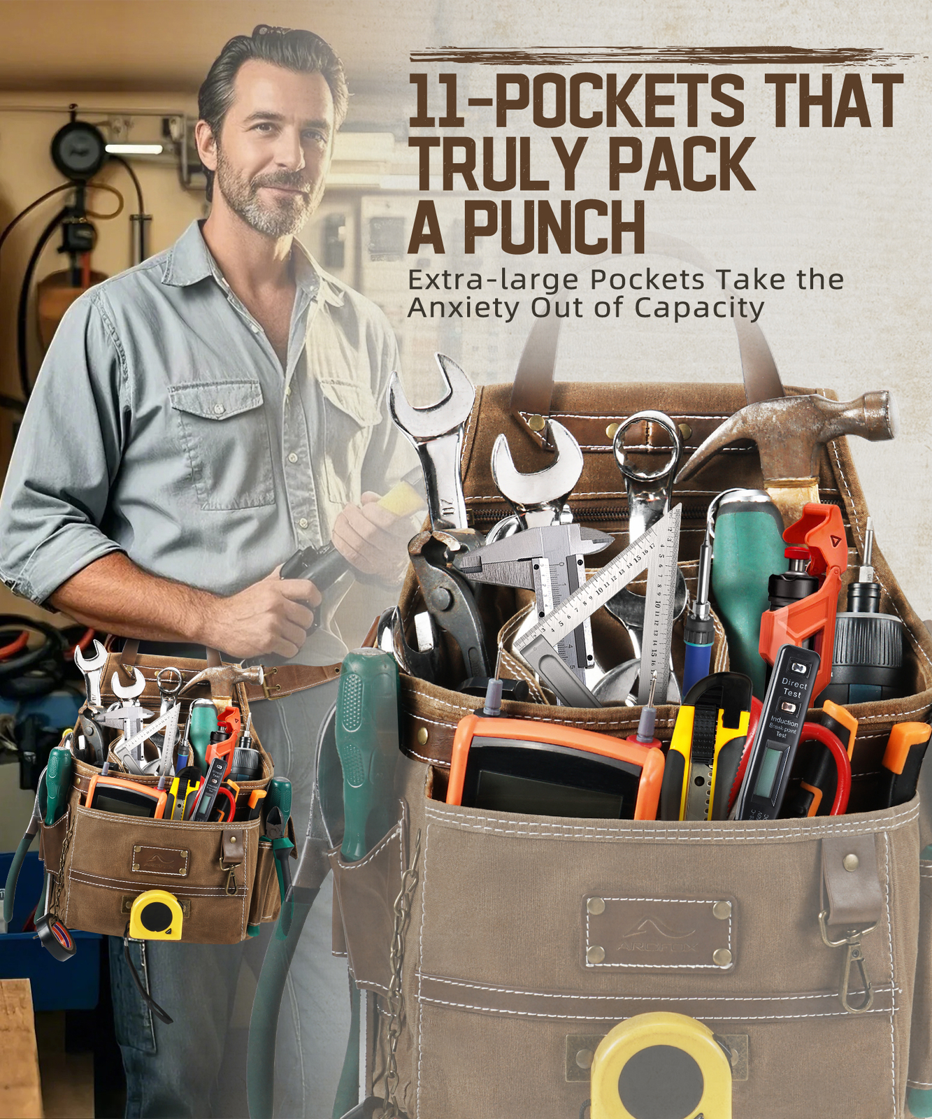 ARCFOX Electrician Work Multi Tool Belt Pouch Portable Hanging Waist Bag Brown