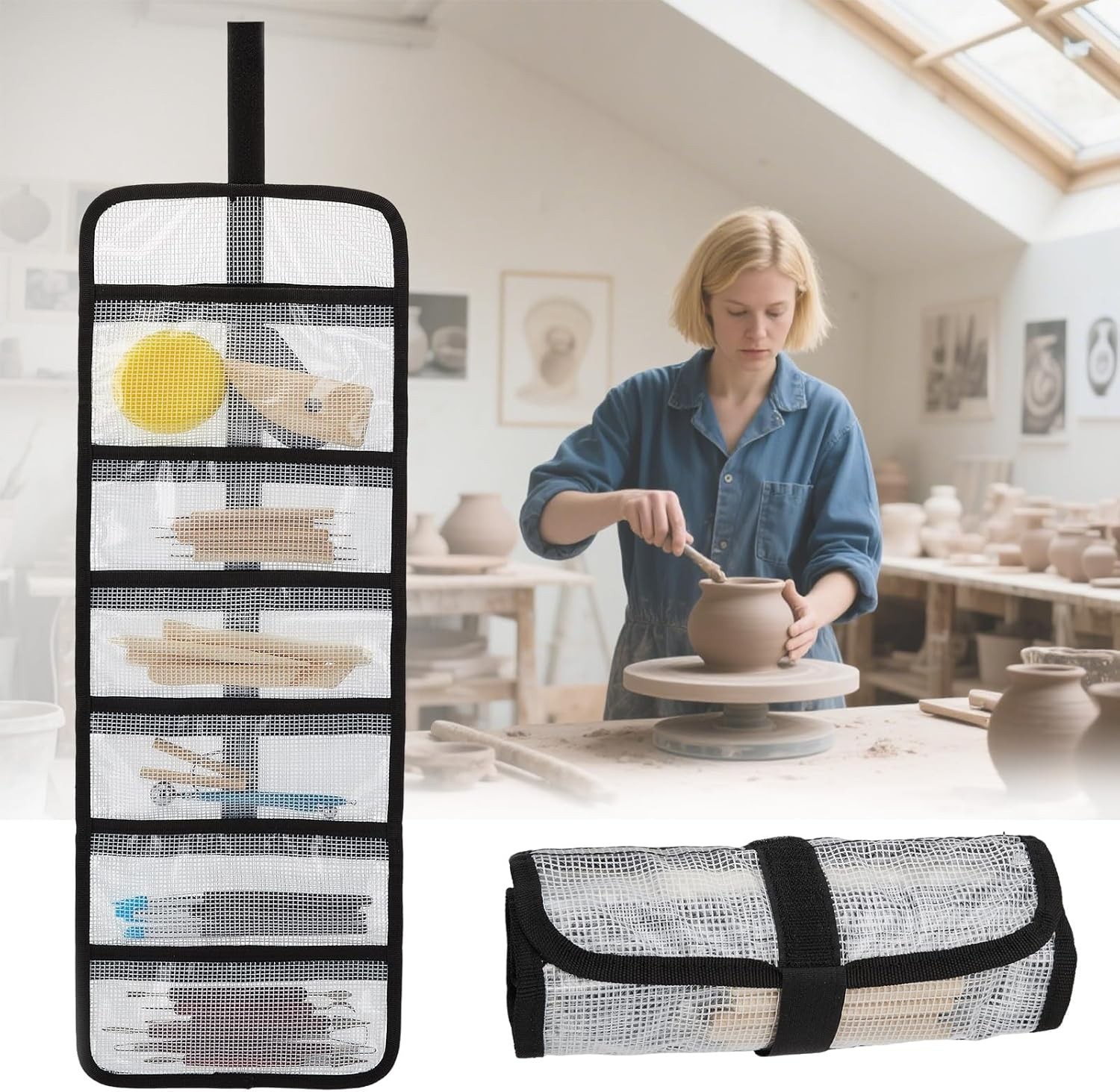 Small Roll Up Tool Storage Bag 6 Pocket Organizer Transparent Travel