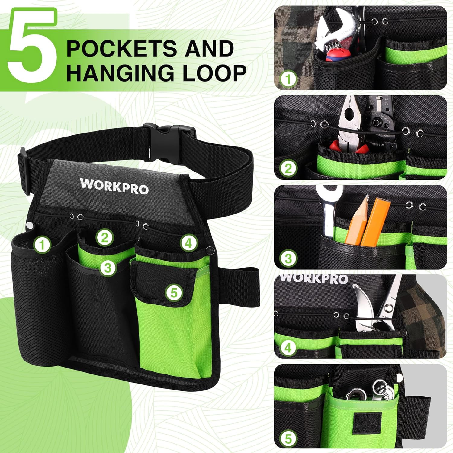 Garden Tool Belt, 5-Pocket Single Side Gardening Tool Pouch with Adjustable Wais