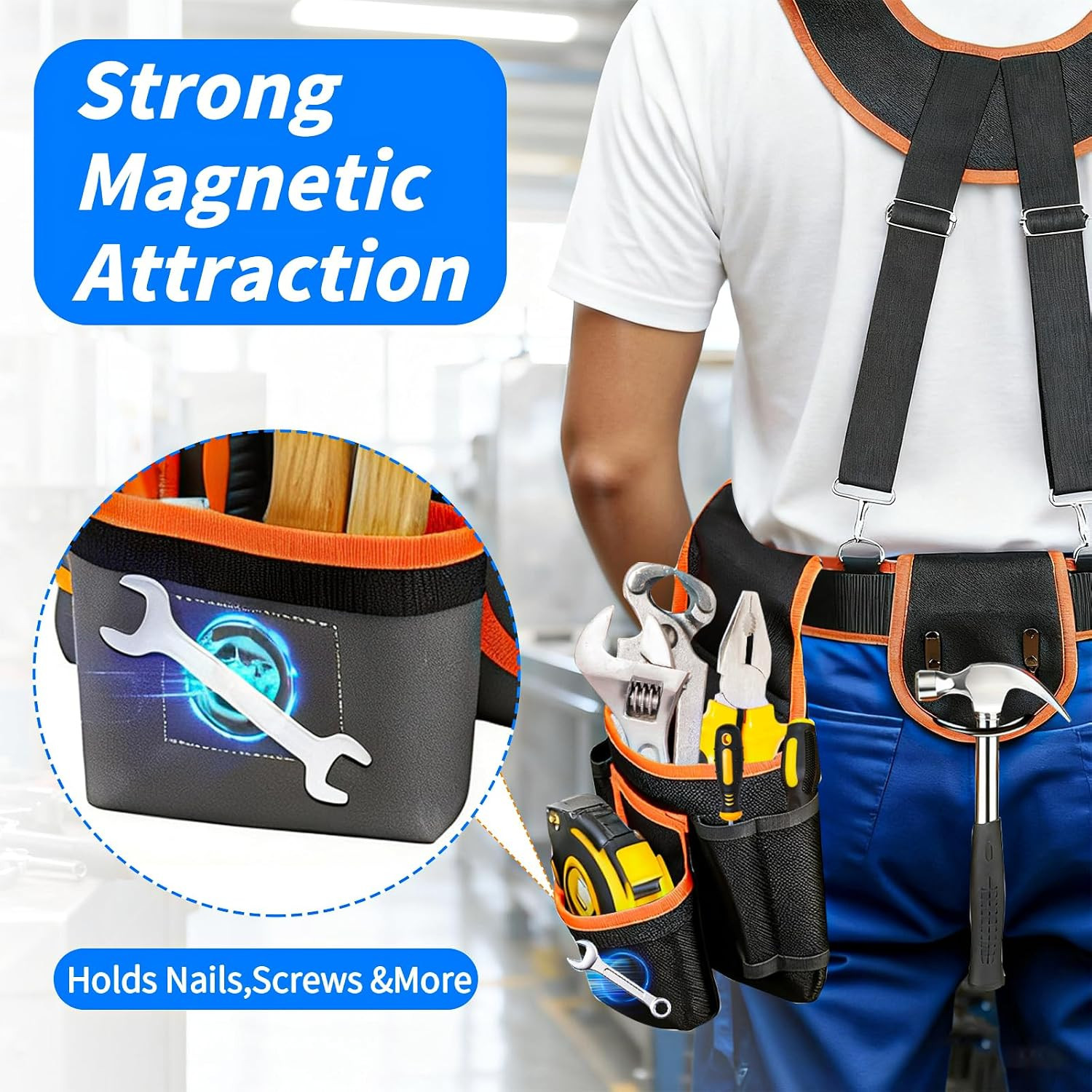 Tool Belt, Professional Tool Belts for Men, 32”-60” Adjustable Magnetic Tool P