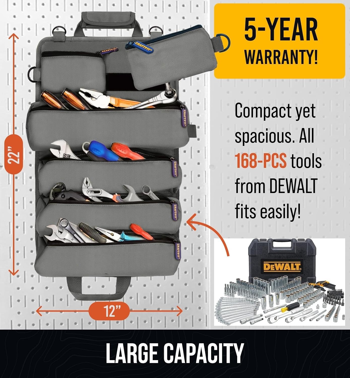 Compact Tool Bag Roll Gray Polyester Lifetime 6 Pouch