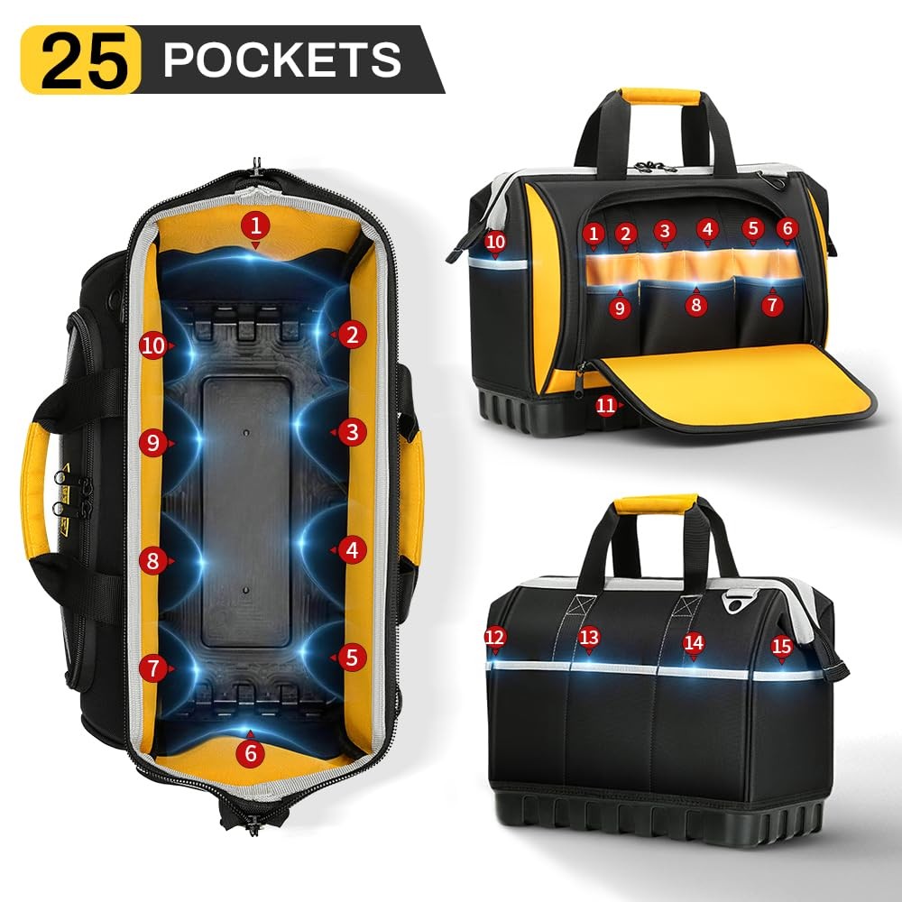 Tool Bag, Hard Bottom Professional Tool Tote, Multi-Pocket Storage with Shoul…
