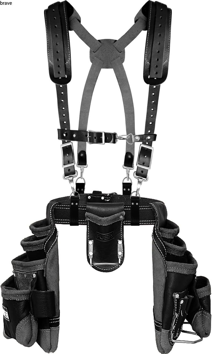 FUERI 16 Pocket Leather Tool Belt w Padded Suspender,Black Tool Belt,Suspender