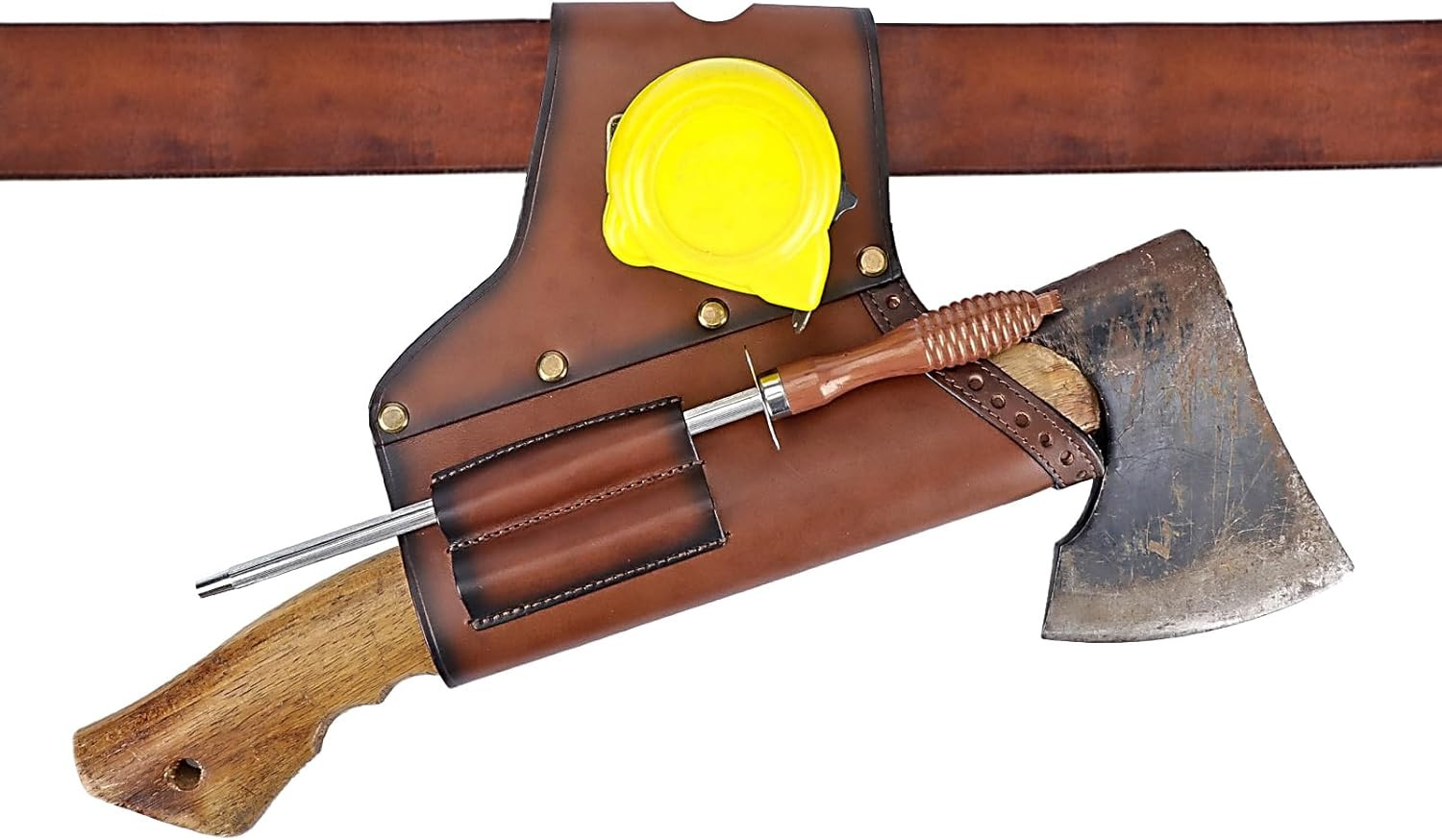 4-in-1 Leather Logging Tools Pouch | Axe Belt Holster & Tape Measure Clip