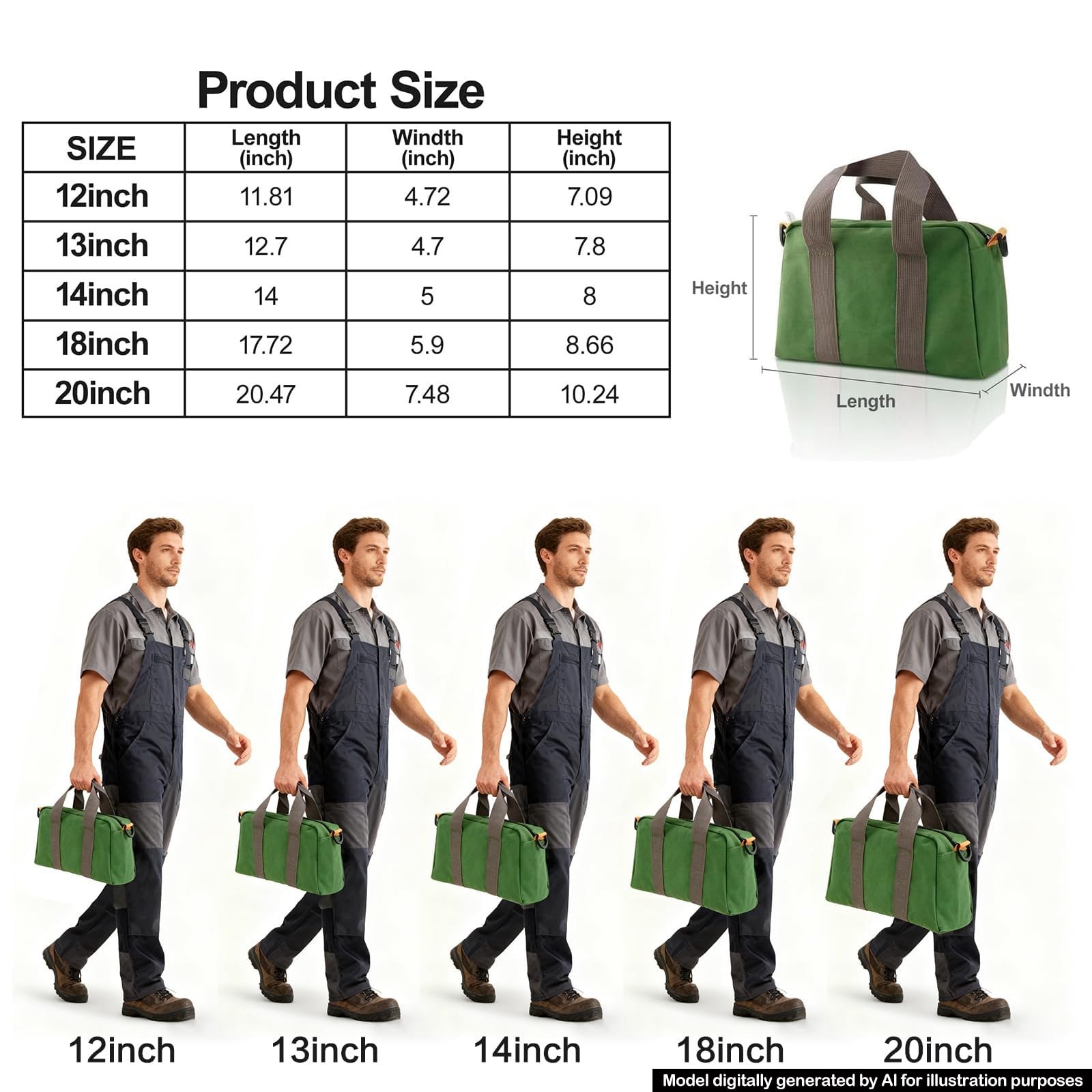 Small Tool Bag, Canvas Storage Large Capacity 12 Inch, Green