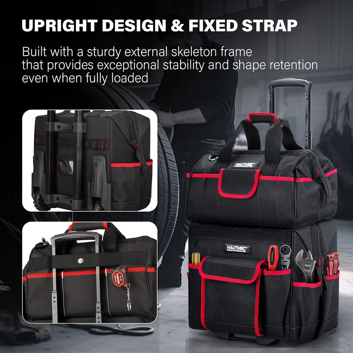 HAUTMEC 2-Piece Rolling Tool Bag Set,15″ Wheeled Tool Bag & Wide Mouth Tool Tote