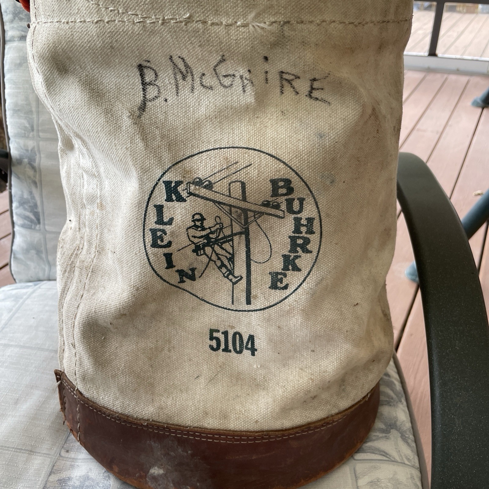 Vintage Klein Tools 5104 Canvas Leather Bucket 15” Lineman Tool Bag Rope Handle