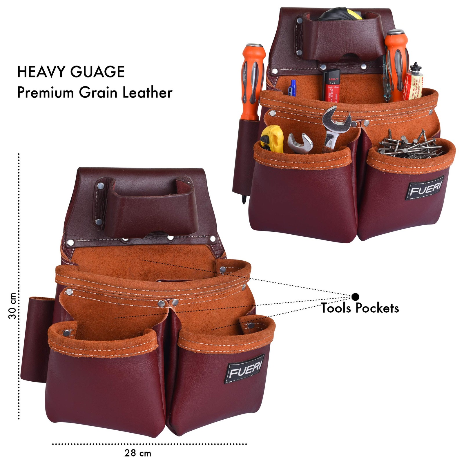 FUERI Leather Tool Belts for Men, Heavy-Duty Adjustable, Maroon Belt
