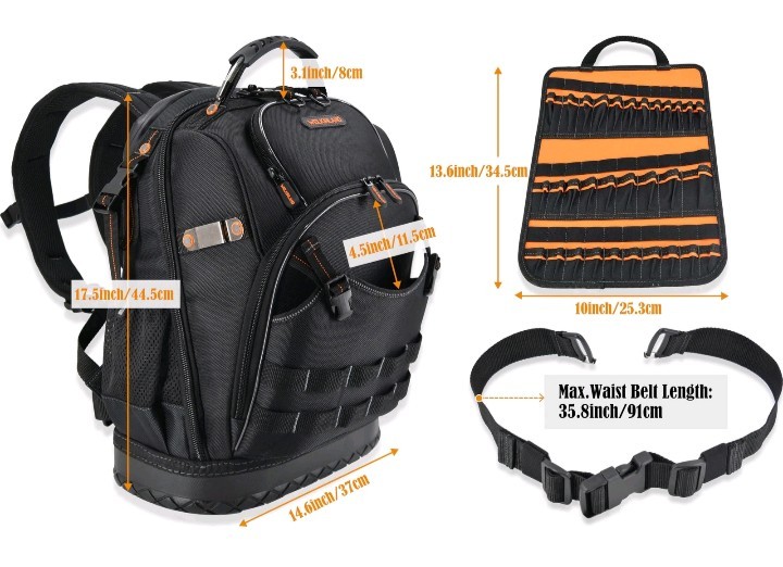 Welkinland 77-Pockets Electricians Backpack, Tool Backpack, HVAC Tool Bag