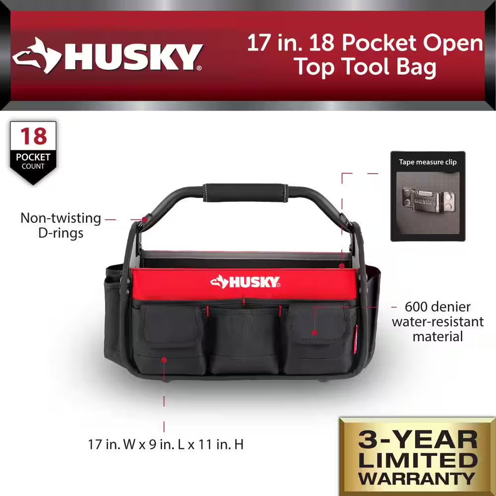 Husky 17 in Open Top Tool Bag 18 Pocket Water Resistant Tote w/ Rotating Handle