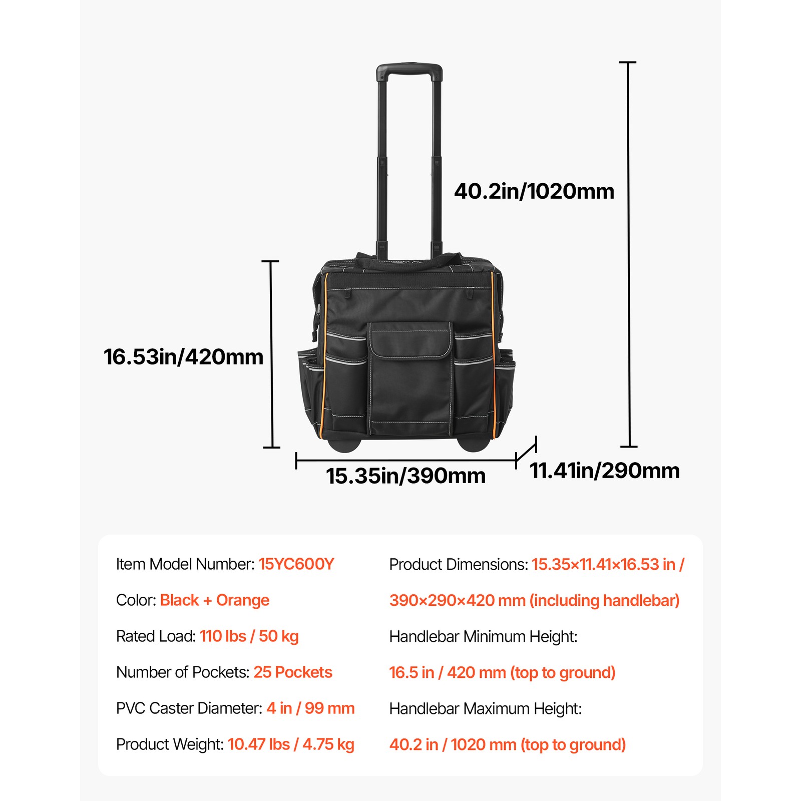 Uimoso Rolling Tool Bag 25 Pockets Heavy Duty Roller Tool Bag on Wheels 15″