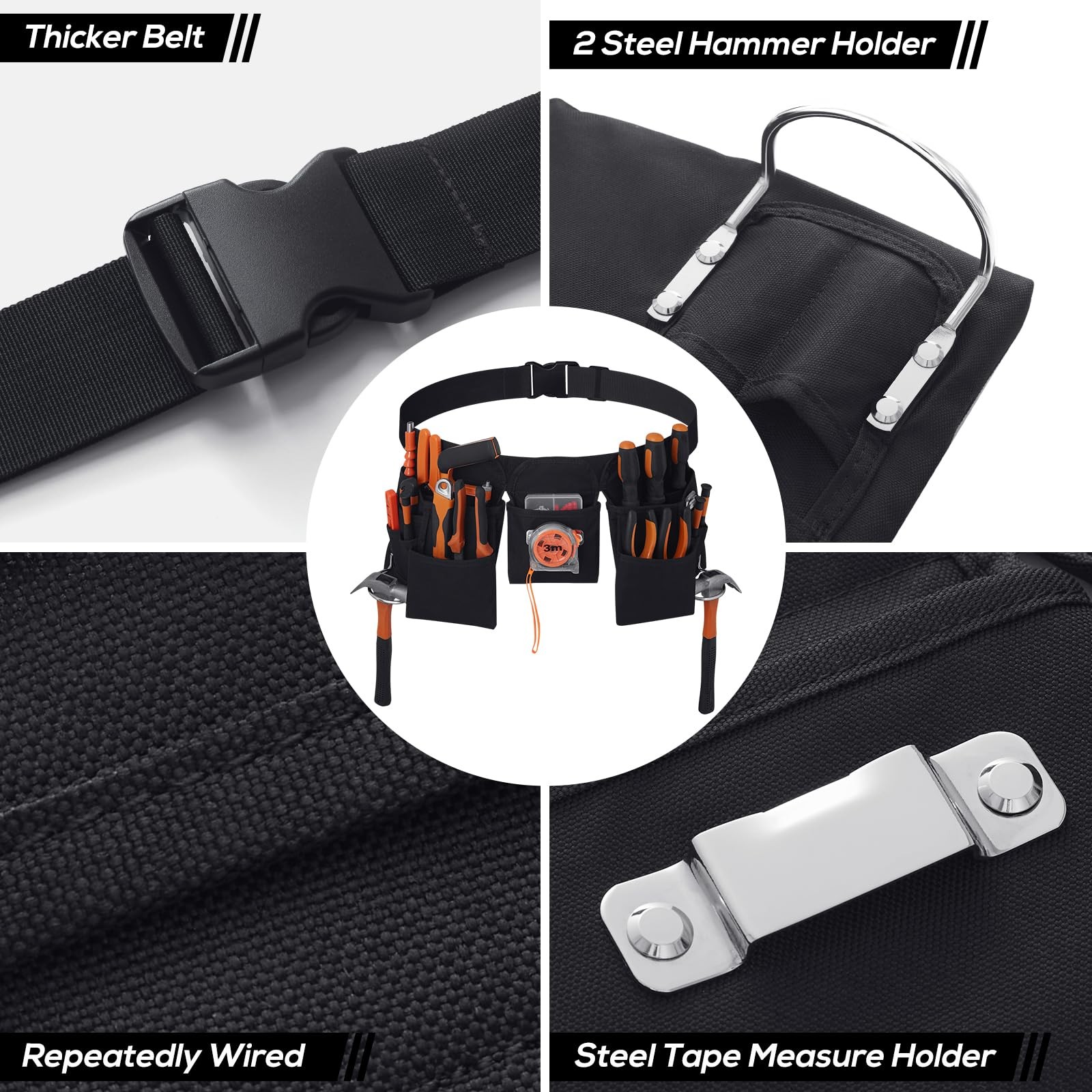 19 Pocket Tool Belt Quick Release Buckle Heavy Duty Adjustable Electrician Blk