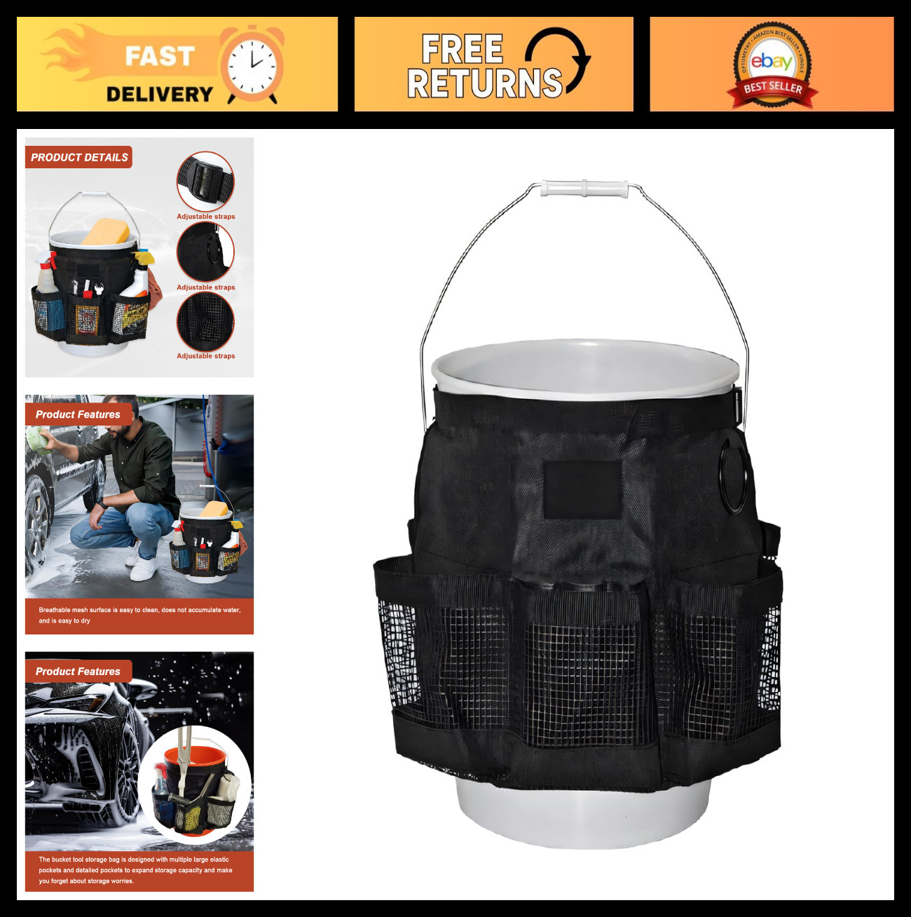 5 Gallon Bucket Tool Organizer Bag – Multi-Purpose Car Wash & Storage Pockets, I