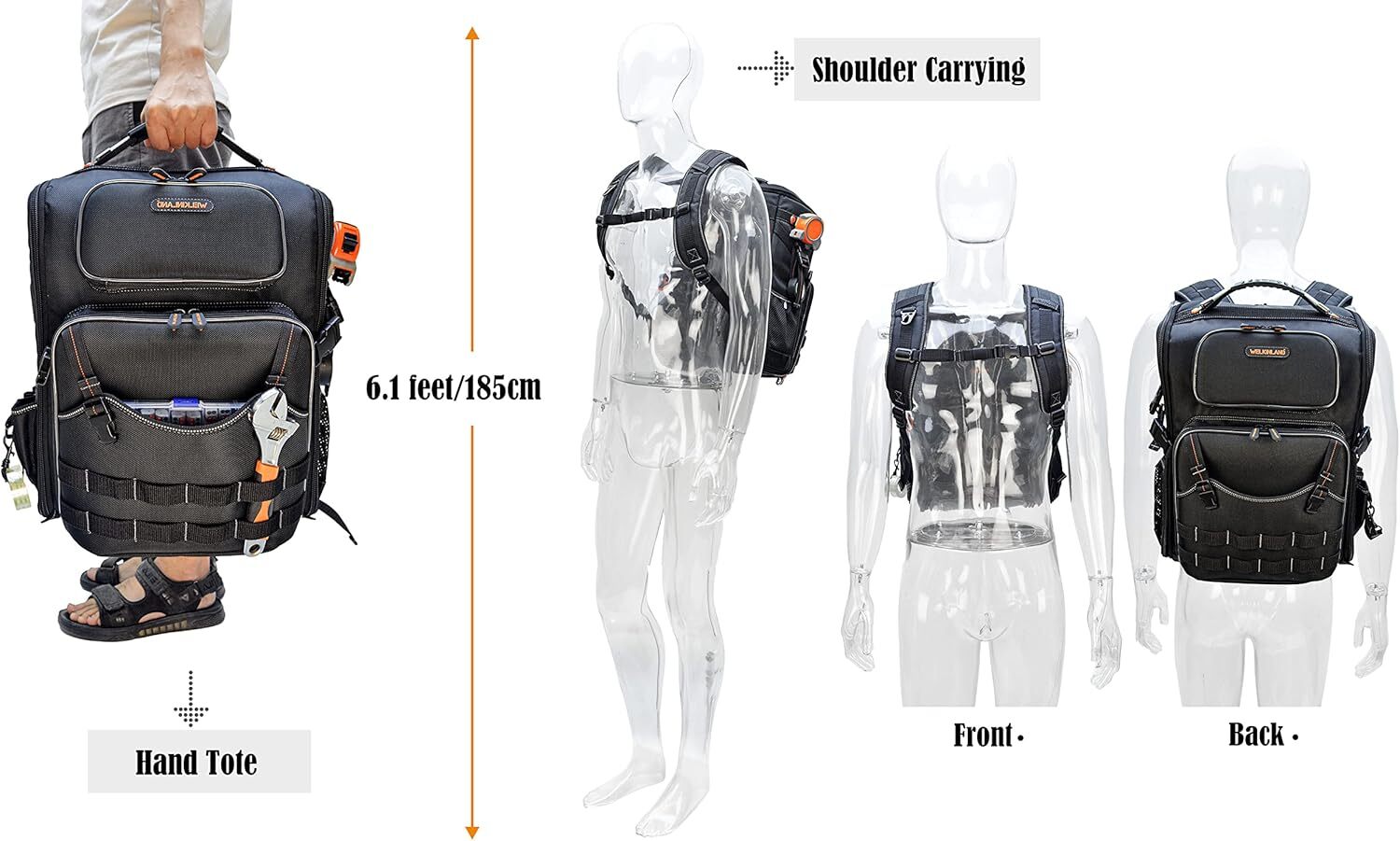 WELKINLAND full opening tool backpack, tool bag backpack, tool backpacks