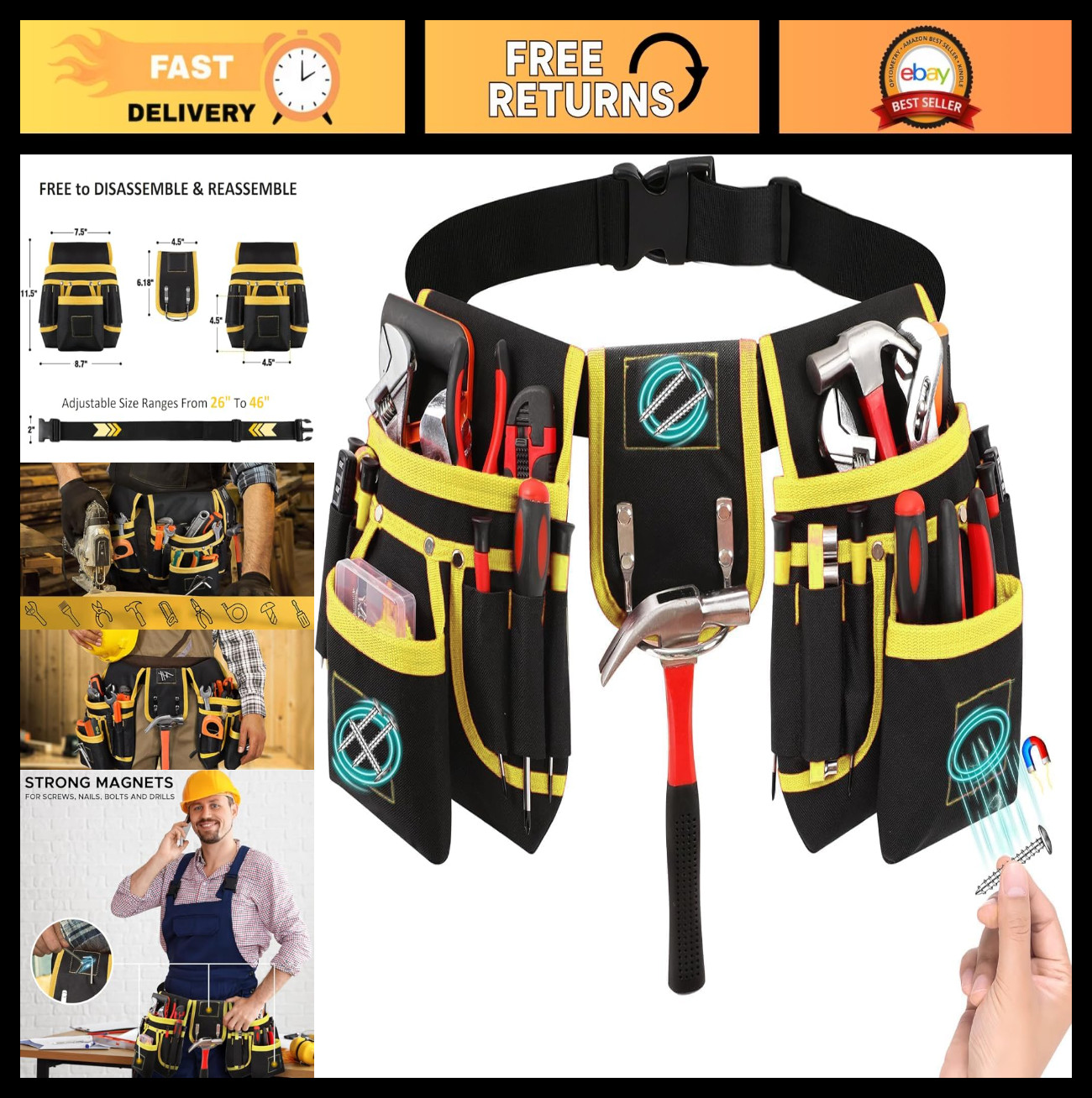 Heavy-Duty Tool Belt with 27 Pockets & 3 Magnetic Zones – Lightweight Pouch for