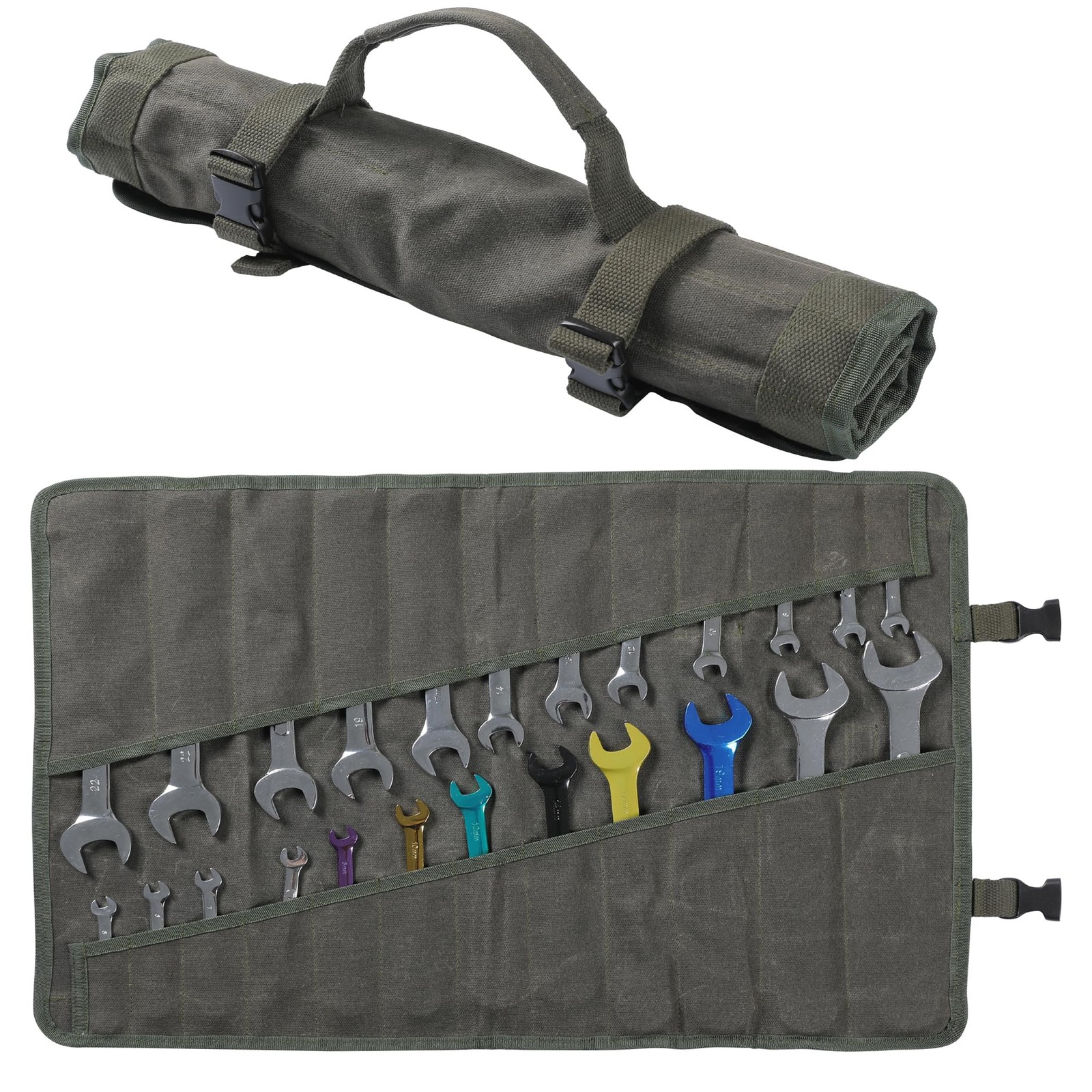 Wrench Roll Up Organizer Pouch,Heavy Duty 16oz Waxed Canvas Tool Bag, 24 Pock…