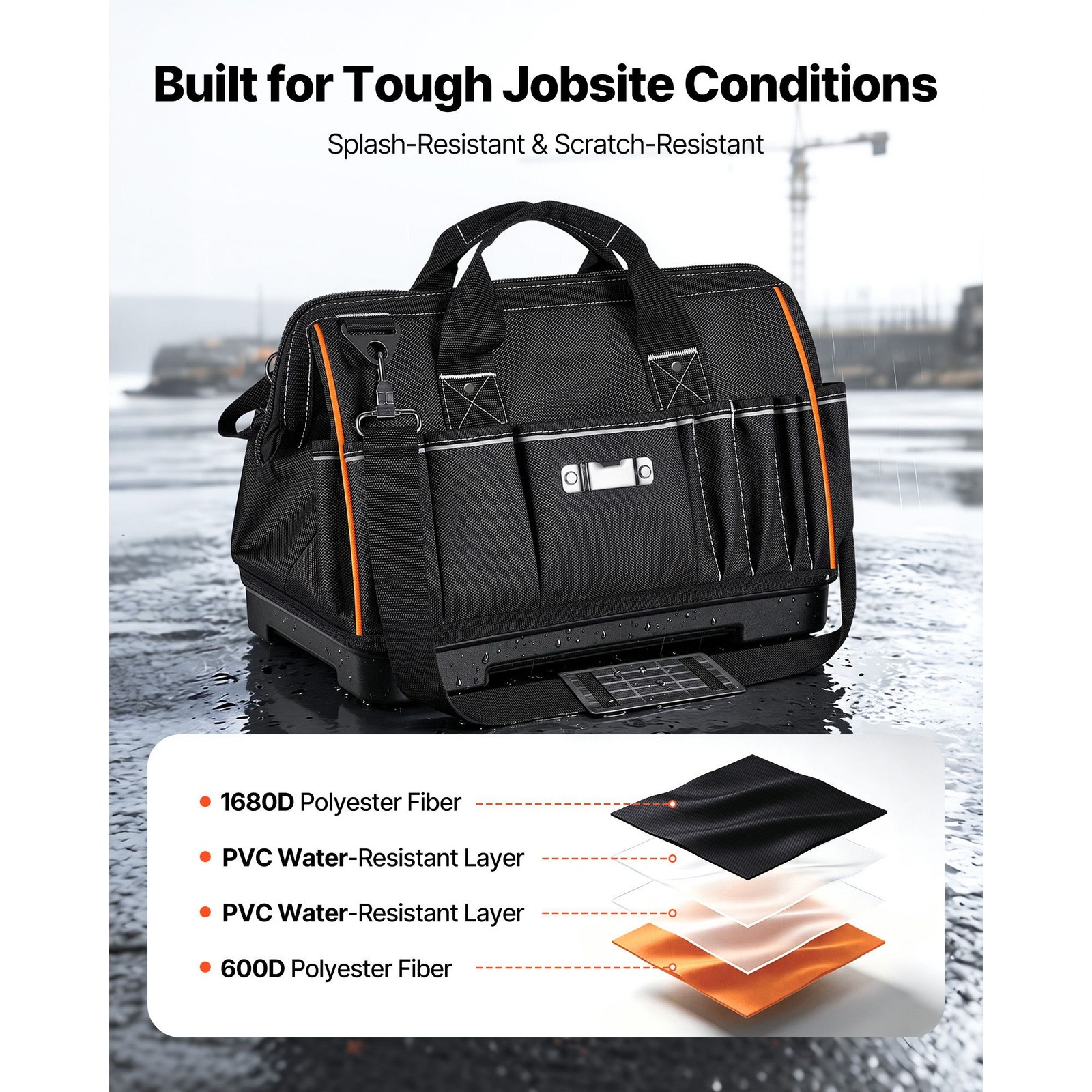 16in Heavy Duty Tool Bag 33 Pockets 50lb Capacity Waterproof Base