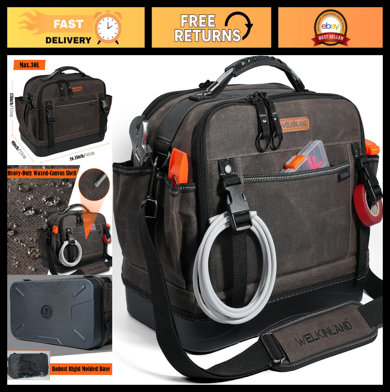 Heavy-Duty 53 Pocket HVAC Tool Bag, Waterproof Waxed Canvas, 16″ Top-Open Tool C