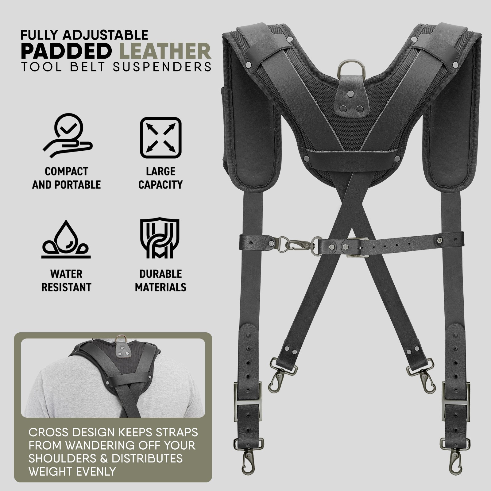 Trutuch Black Leather Tool Belt with Suspender | 18 Pockets | Framers Tool Belt