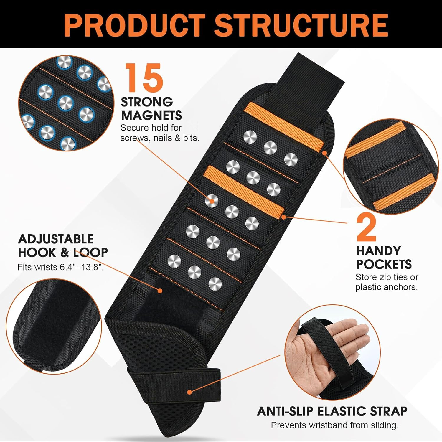 Magnetic Wristband Screws Nails Drill Bits Holder 15 Magnets Diyer Tool Gift