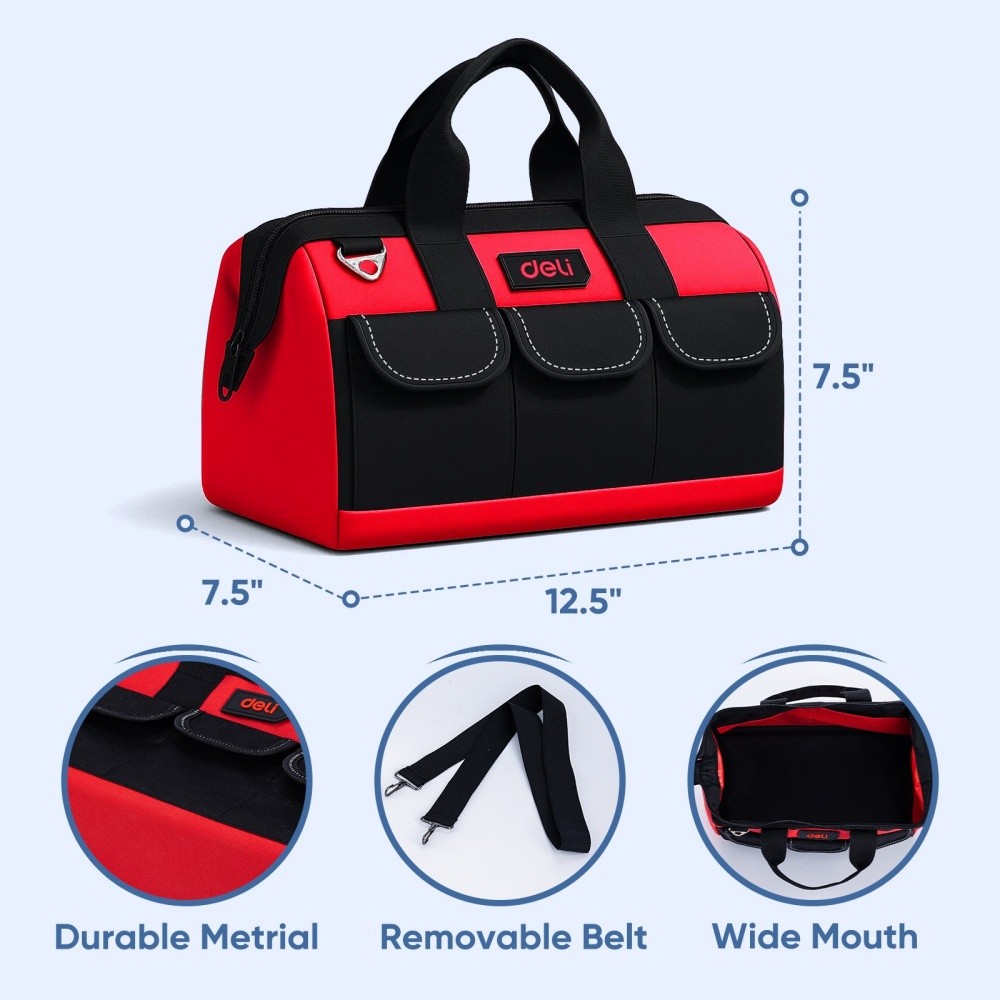 DELI 13 Inch Heavy Duty Contractor Tool Bag with 15 Pockets & Adjustable Strap